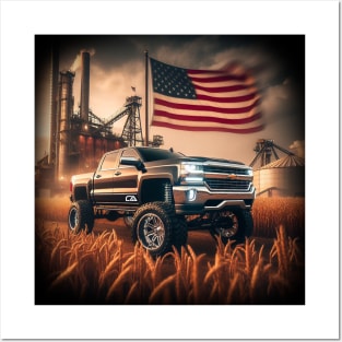 Chevrolet Silverado and The American Flag by Gas Autos Posters and Art